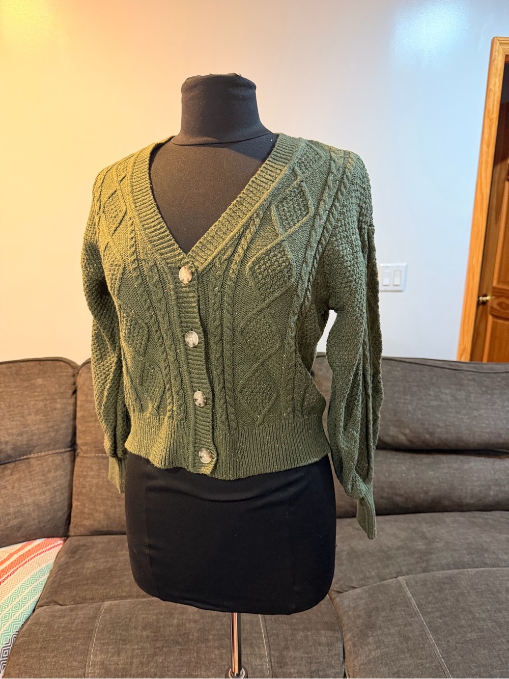LOFT Cable Knit Button Front Cardigan Green Geometric Size Small